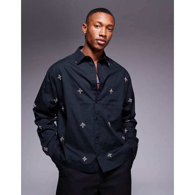 ASOS DESIGN boxy oversized shirt with embellishment in black