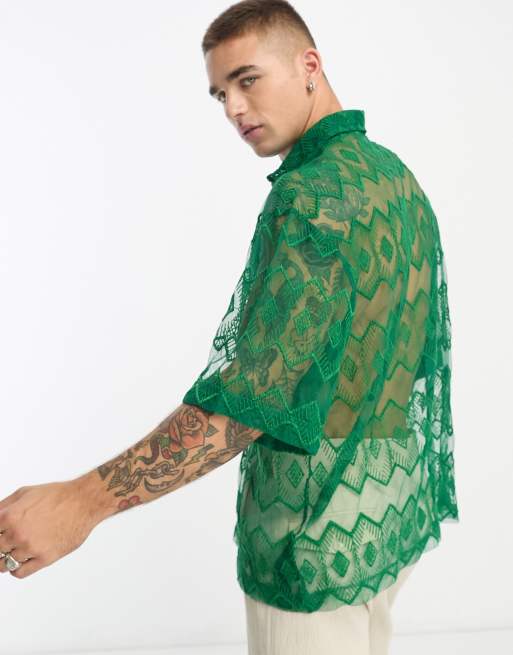 ASOS DESIGN boxy oversized shirt with embroidered aztec print in green