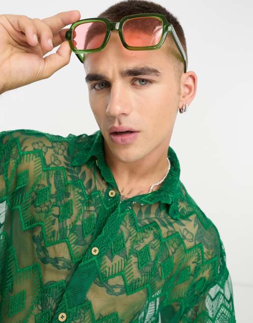 ASOS DESIGN boxy oversized shirt with embroidered aztec print in green