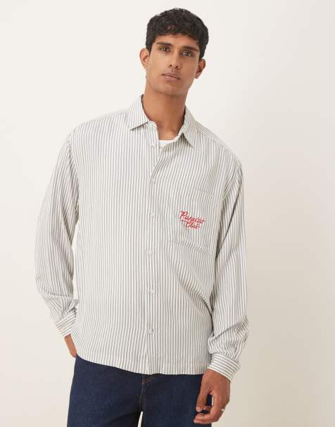 ASOS DESIGN boxy oversized shirt with embroidery in green stripe - view 1