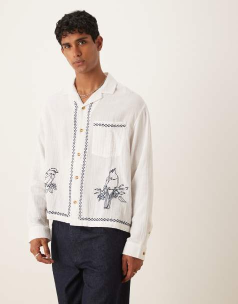 ASOS DESIGN boxy oversized shirt with embroidery in white - view 1