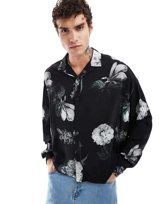 ASOS DESIGN boxy oversized shirt with floral print in black ASOS DESIGN boxy oversized shirt with floral print in black