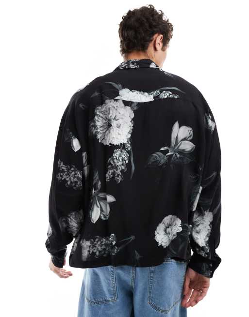 ASOS DESIGN boxy oversized shirt with floral print in black