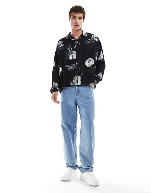 ASOS DESIGN boxy oversized shirt with floral print in black ASOS DESIGN boxy oversized shirt with floral print in black