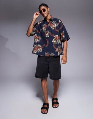 Asos Design Boxy Oversized Shirt With Floral Print In Blue