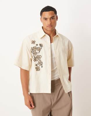 Asos Design Boxy Oversized Shirt With Flower Print In Neutral