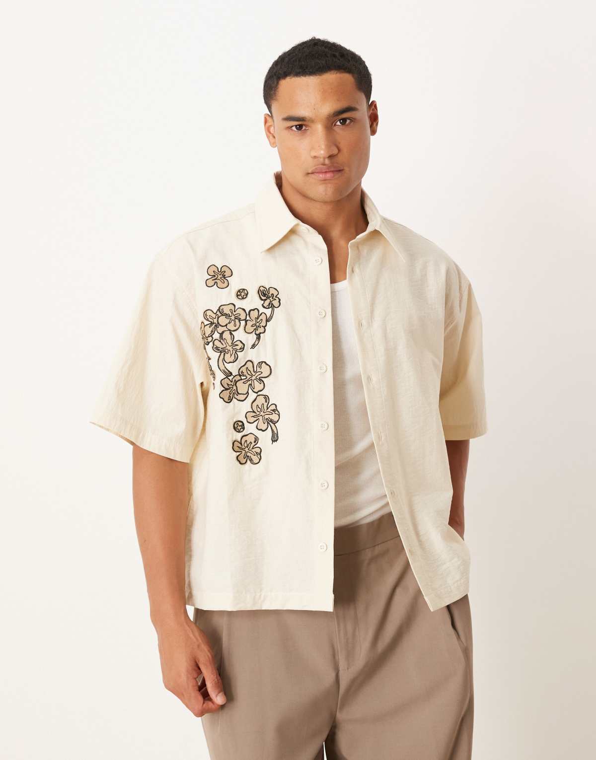 ASOS DESIGN boxy oversized shirt with flower print in beige