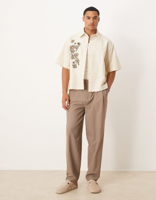 ASOS DESIGN boxy oversized shirt with flower print in beige 