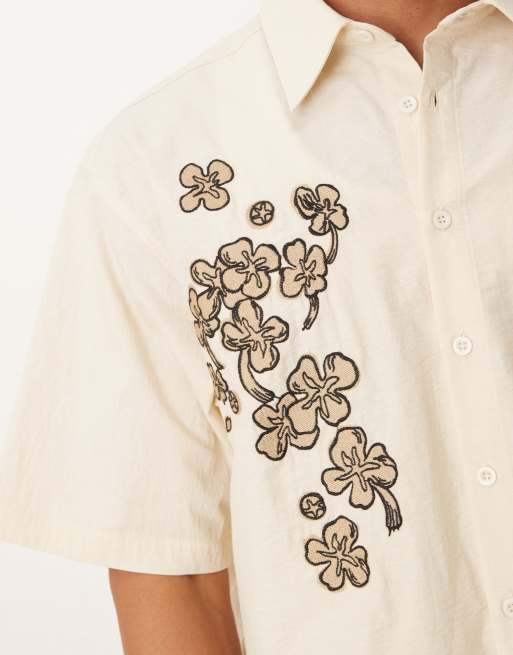 ASOS DESIGN boxy oversized shirt with flower print in beige 