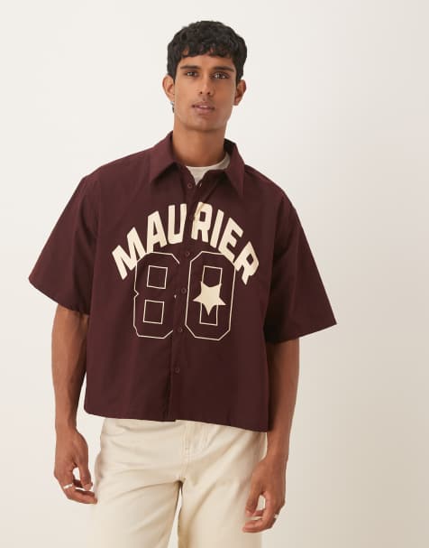 ASOS DESIGN boxy oversized shirt with front print in burgundy - view 1