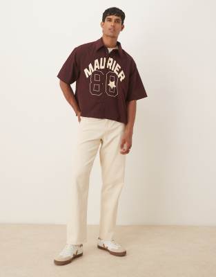 Asos Design Boxy Oversized Shirt With Front Print In Burgundy