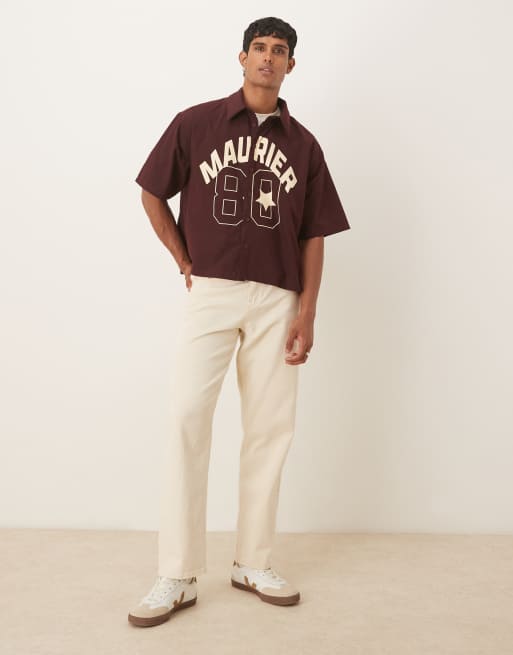 ASOS DESIGN boxy oversized shirt with front print in burgundy