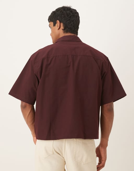 ASOS DESIGN boxy oversized shirt with front print in burgundy