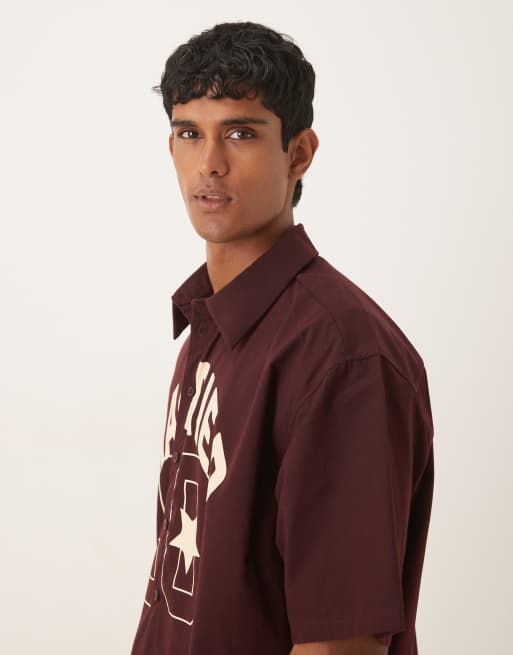 ASOS DESIGN boxy oversized shirt with front print in burgundy