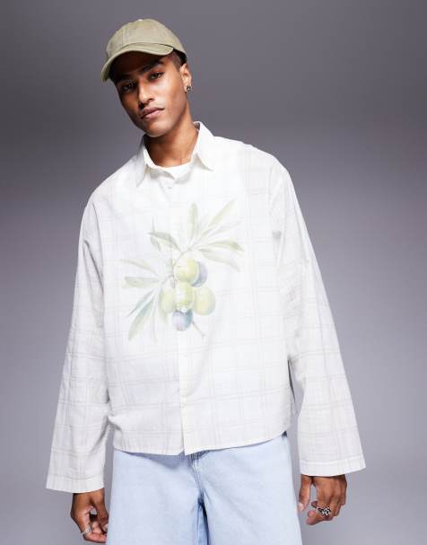 ASOS DESIGN boxy oversized shirt with fruit print in neutral plaid - view 1