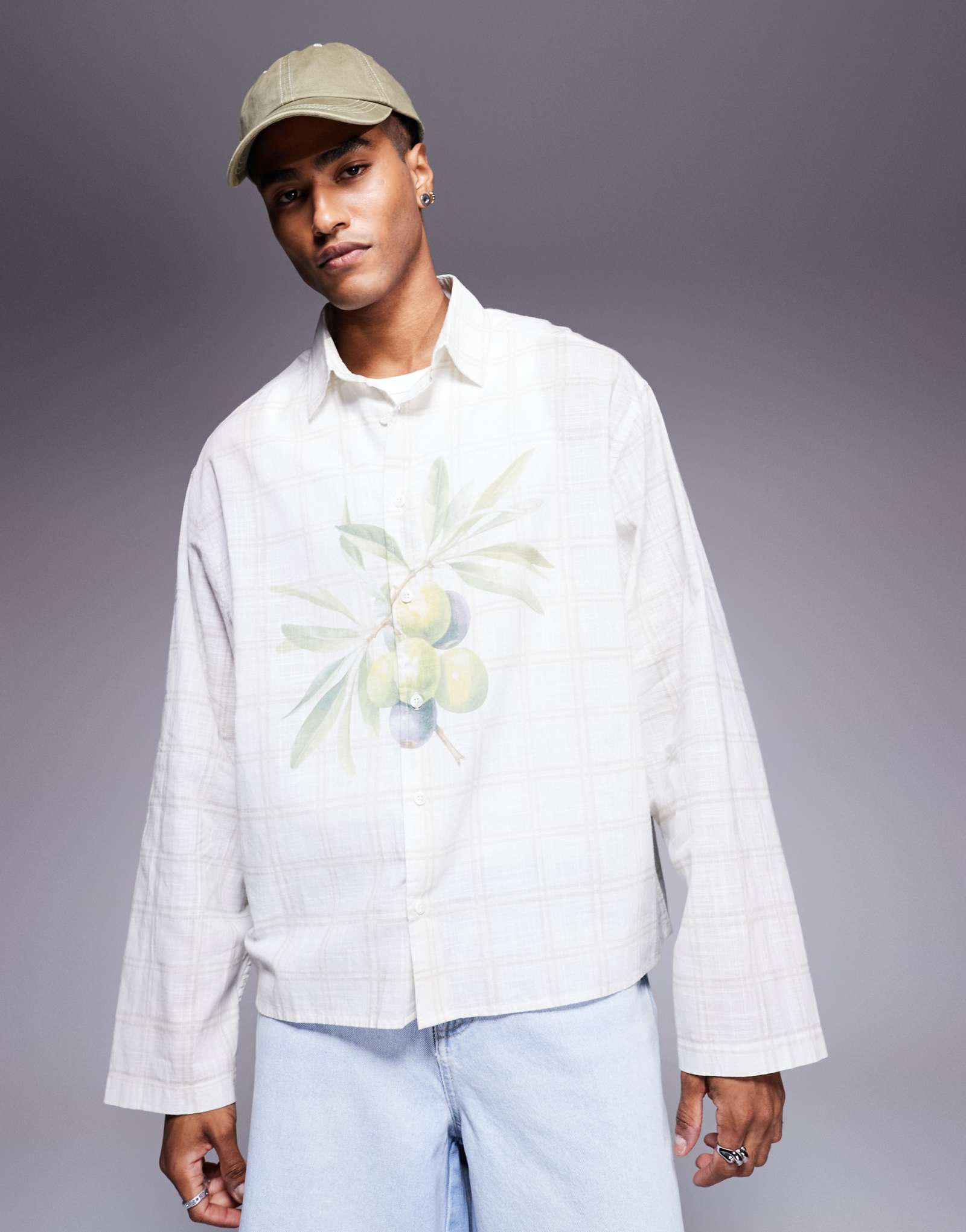 ДИЗАЙНЕРСКАЯ рубашка оверсайз свободного кроя ASOS с фруктовым принтом в нейтральную клетку