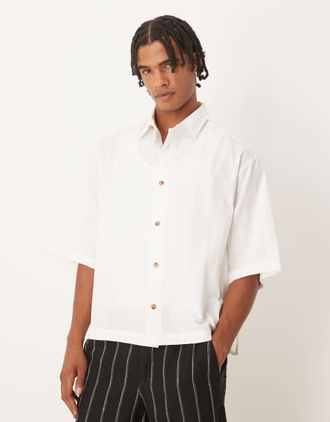 ASOS DESIGN boxy oversized shirt with half sleeve in off white texture - view 1