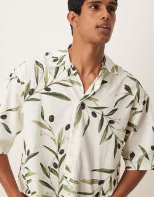 asos ASOS DESIGN boxy oversized shirt with leaf print in white and green