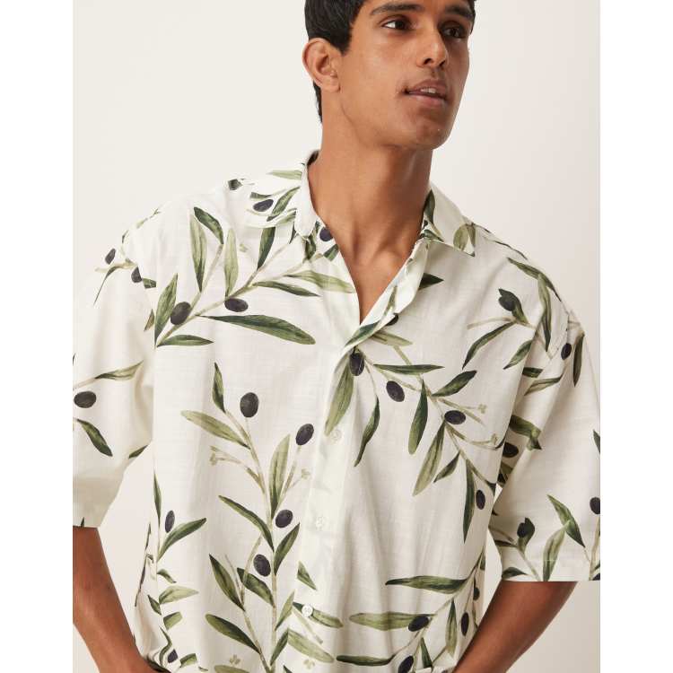 【SATIIIZ】Border printed short-sleeved T-shirt ASOS DESIGN boxy oversized shirt with leaf print in white