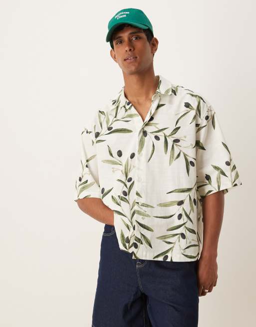 ASOS DESIGN boxy oversized shirt with leaf print in white and green, 4 of 4