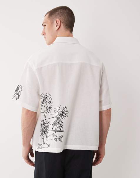 ASOS DESIGN boxy oversized shirt with linen and back and sleeve print in white - view 1