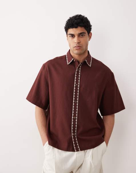 ASOS DESIGN boxy oversized shirt with linen and embroidery in brown