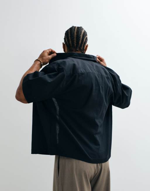 ASOS DESIGN boxy oversized shirt with linen and floral embroidery detail in black, 3 of 5