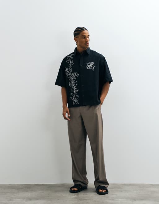 ASOS DESIGN boxy oversized shirt with linen and floral embroidery detail in black, 4 of 5