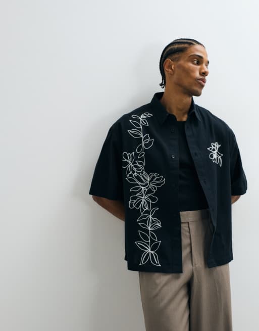 ASOS DESIGN boxy oversized shirt with linen and floral embroidery detail in black, 5 of 5