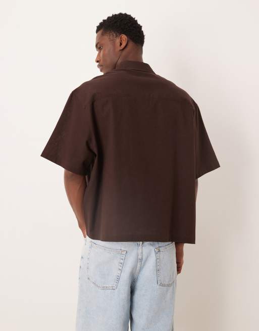 ASOS DESIGN boxy oversized shirt with linen in brown, 3 of 5