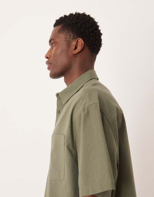 ASOS DESIGN boxy oversized shirt with linen in khaki, 3 of 5