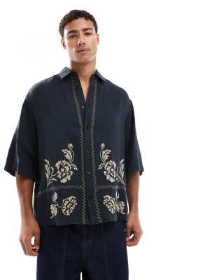 Asos Design Boxy Oversized Shirt With Placement Embroidery In Black