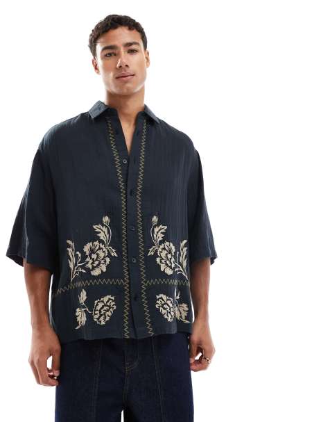 ASOS DESIGN boxy oversized shirt with placement embroidery in black - view 1