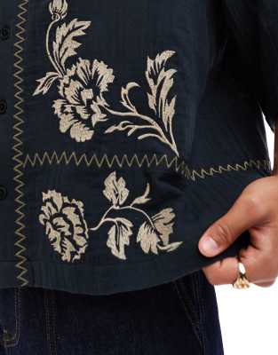 Asos Design Boxy Oversized Shirt With Placement Embroidery In Black