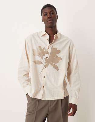 Asos Design Boxy Oversized Shirt With Placement Print In Neutral