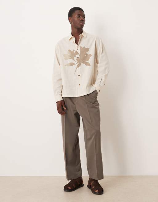 ASOS DESIGN boxy oversized shirt with placement print in beige