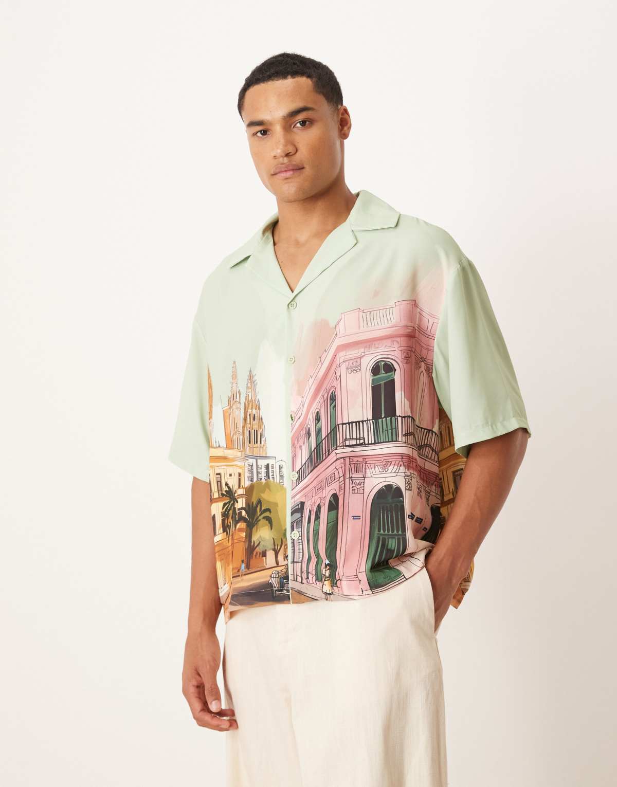 ASOS DESIGN boxy oversized shirt with print in blue