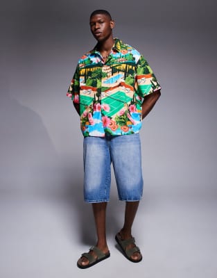Asos Design Boxy Oversized Shirt With Scenic Print-multi In Green