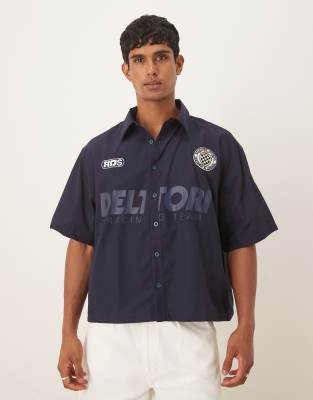 Asos Design Boxy Oversized Shirt With Sport Print In Blue