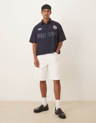 Asos Design Boxy Oversized Shirt With Sport Print In Blue