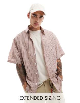 Asos Design Boxy Oversized Shirt With Textured Stripes In Pink-neutral