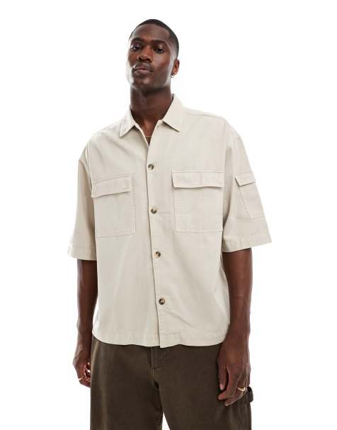ASOS DESIGN boxy oversized shirt with utility pockets in stone - view 1