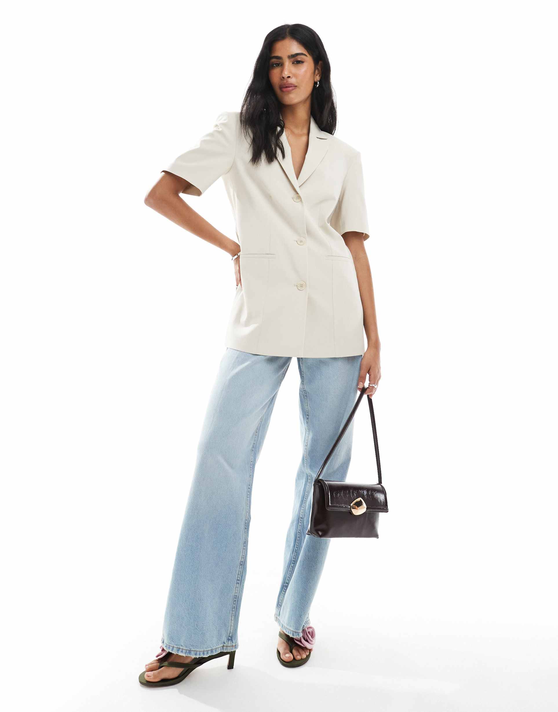 asos design boxy oversized short sleeve blazer in stone