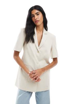 Asos Design Boxy Oversized Short Sleeve Blazer In Neutral