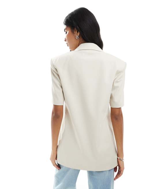 ASOS DESIGN boxy oversized short sleeve blazer in stone, 4 of 4