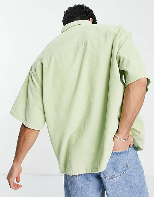 Men boxy oversized short sleeve cord shirt in light green 