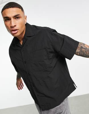 ASOS DESIGN boxy oversized short sleeve nylon shirt with revere collar in  black