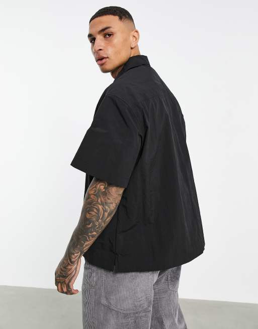 ASOS DESIGN boxy oversized short sleeve nylon shirt with revere collar in  black