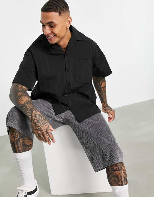 ASOS DESIGN boxy oversized short sleeve nylon shirt with revere collar in  black