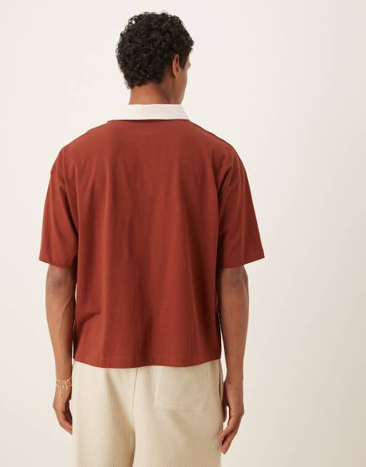 ASOS DESIGN boxy oversized short sleeve polo with city print in brown, 4 of 4